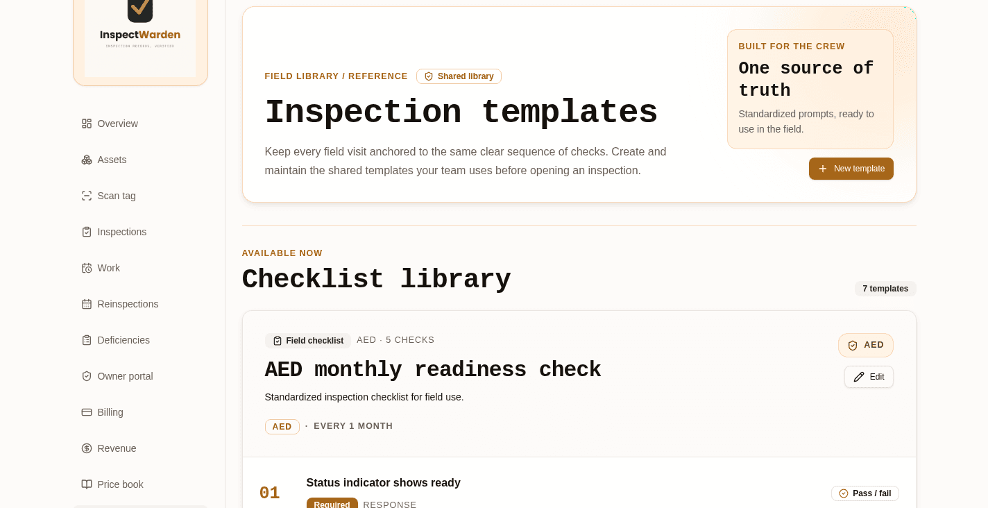InspectWarden checklist library showing inspection templates for AED, sprinkler, fire alarm and kitchen suppression systems