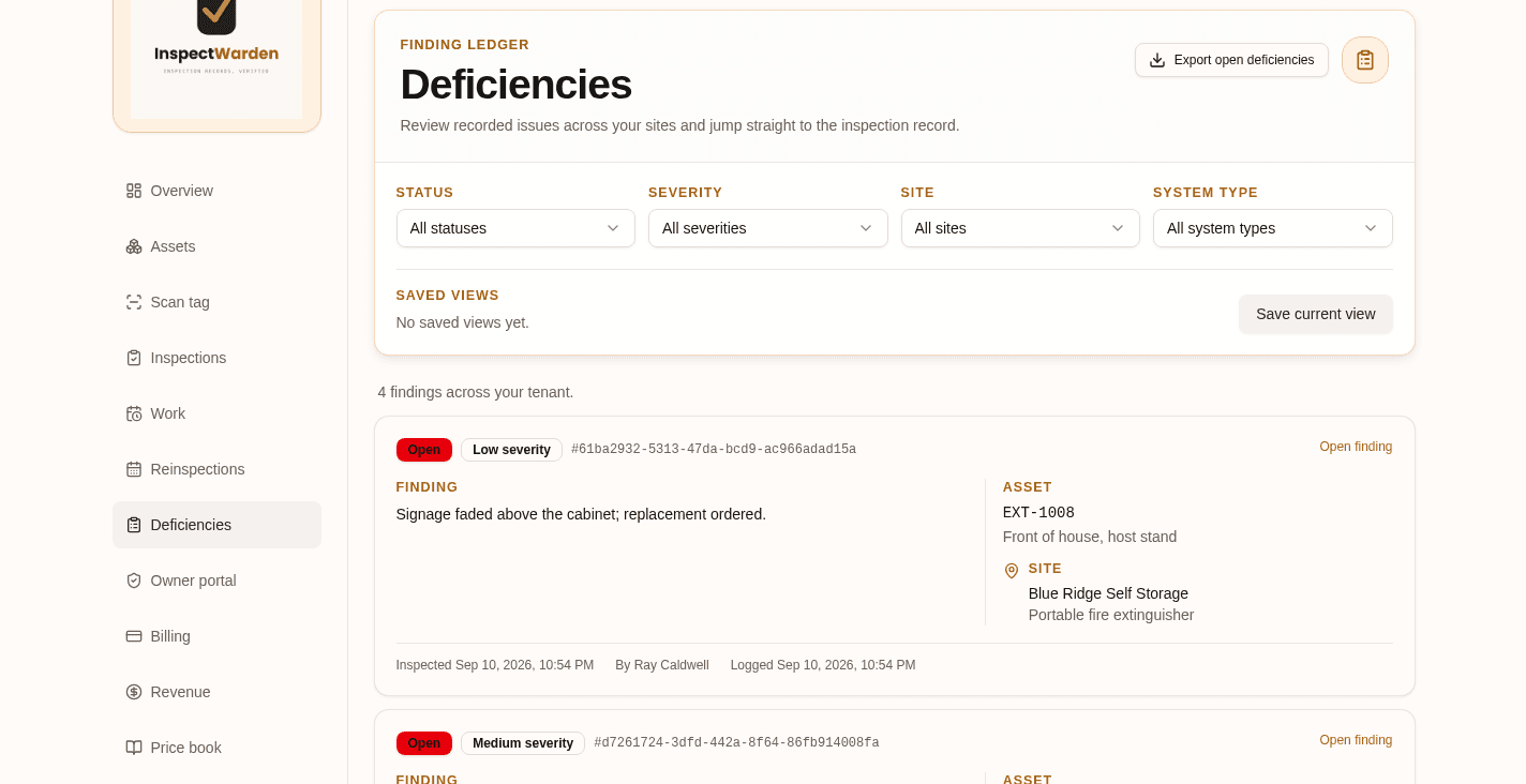 InspectWarden deficiency ledger with open findings, severity levels, asset tags and site names